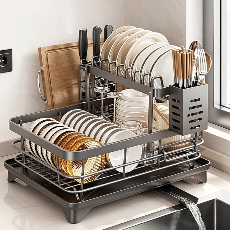 Escorredor De Louça Organizador 2 Em 1 de Pia Rack de Cozinha Duplo Aço Carbono Preto, Branco