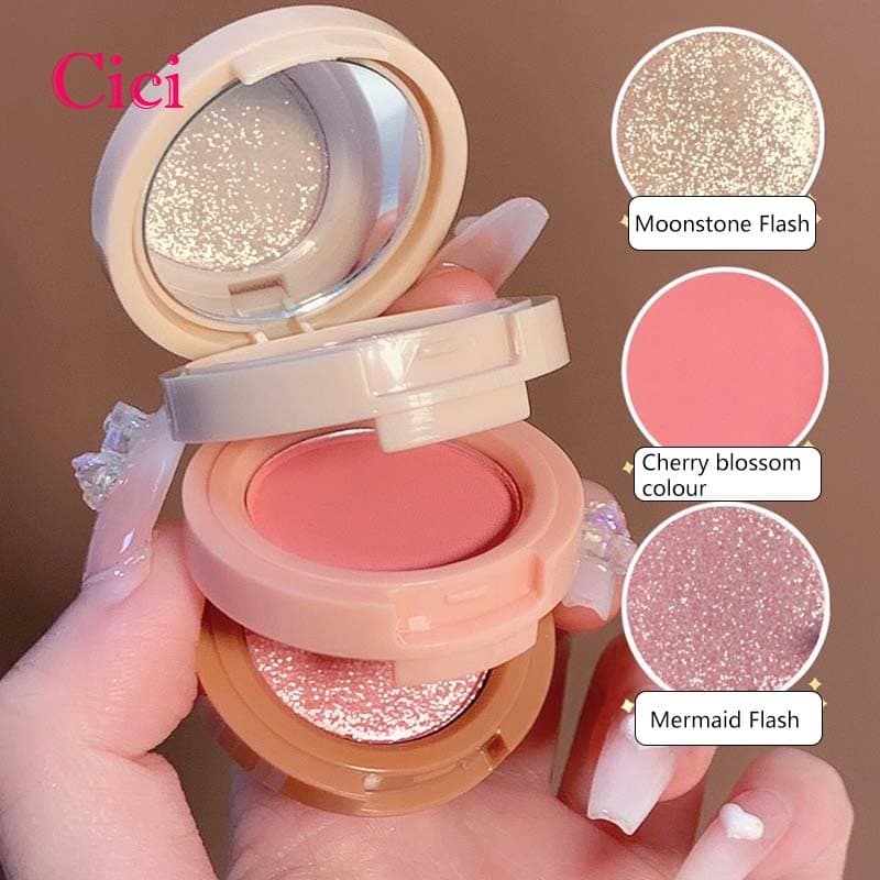 [Cici] HUDAMOJI Paleta Multifuncional De Destaque E Blush De 3 Camadas , Pó Brilhante Ilumina Sob Os Olhos , Contorno Na