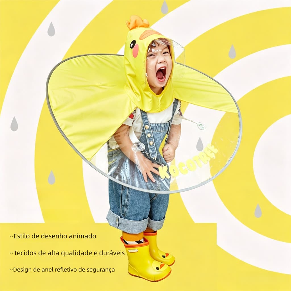 Capa de chuva infantil disco patinho amarelo, com chapéu integrado, impermeável para passeios 🦆