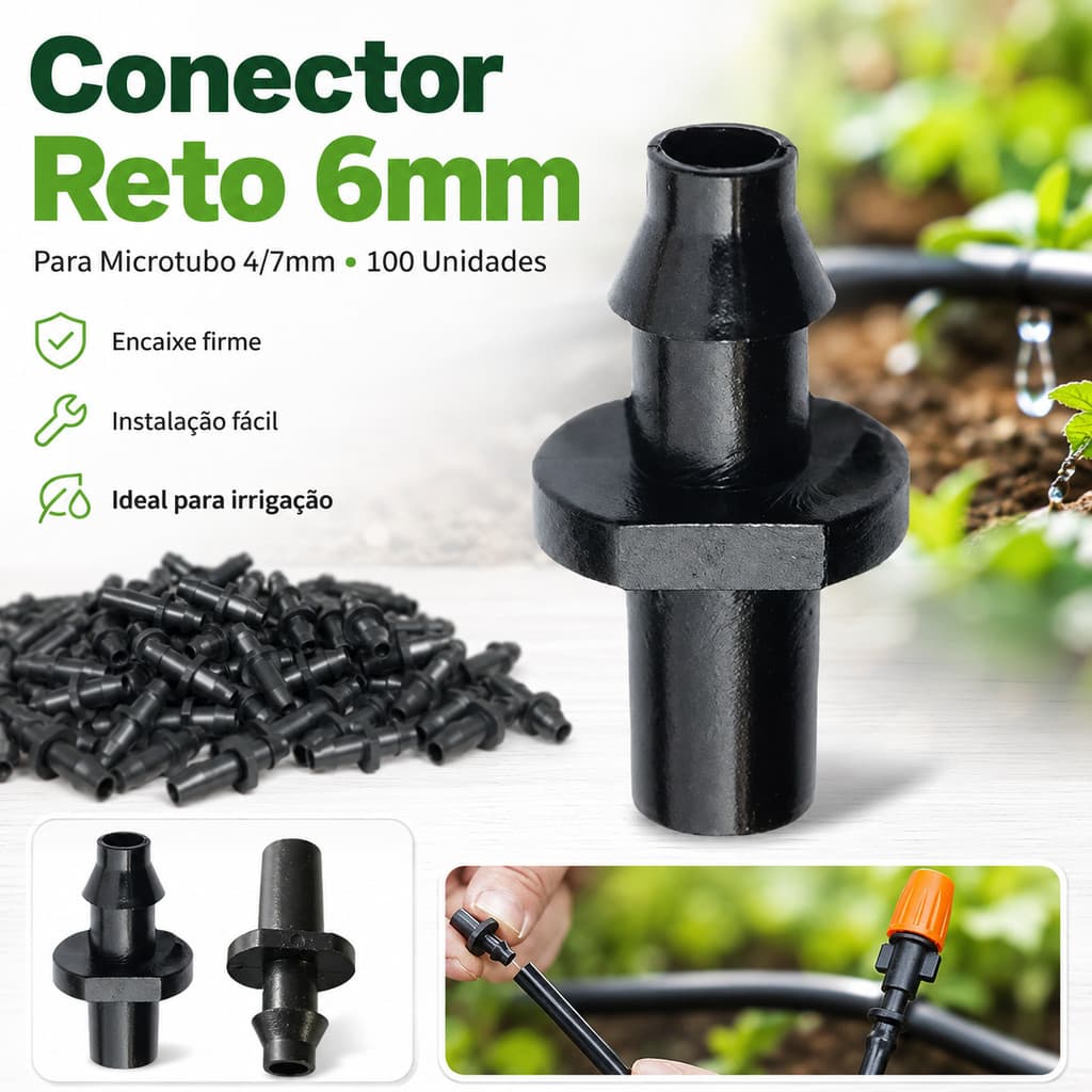 Kit 100 Conector Reto 6mm Para Microtubo 4/7mm Irrigação Jardim e Horta Material POM Alta Durabilidade