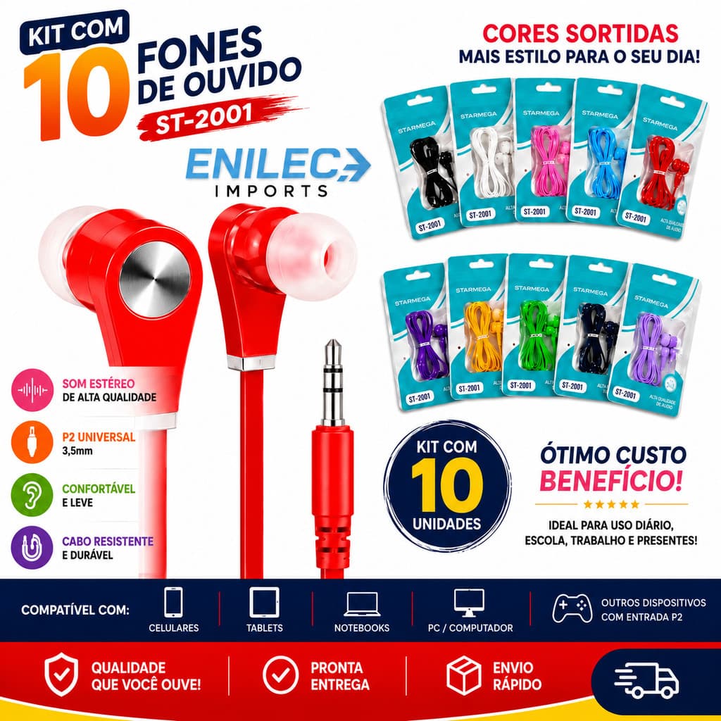 Kit Fone de Ouvido Starmega ST-2001 P2 3,5mm Estéreo Cores Sortidas 2 4 8 10 Unidades