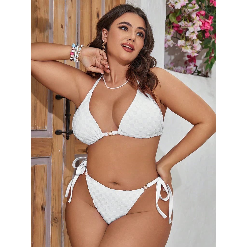 Novo tamanho grande biquíni maiô feminino grande peito Jacquard três pontos Halter Split cor sólida maiô20260817