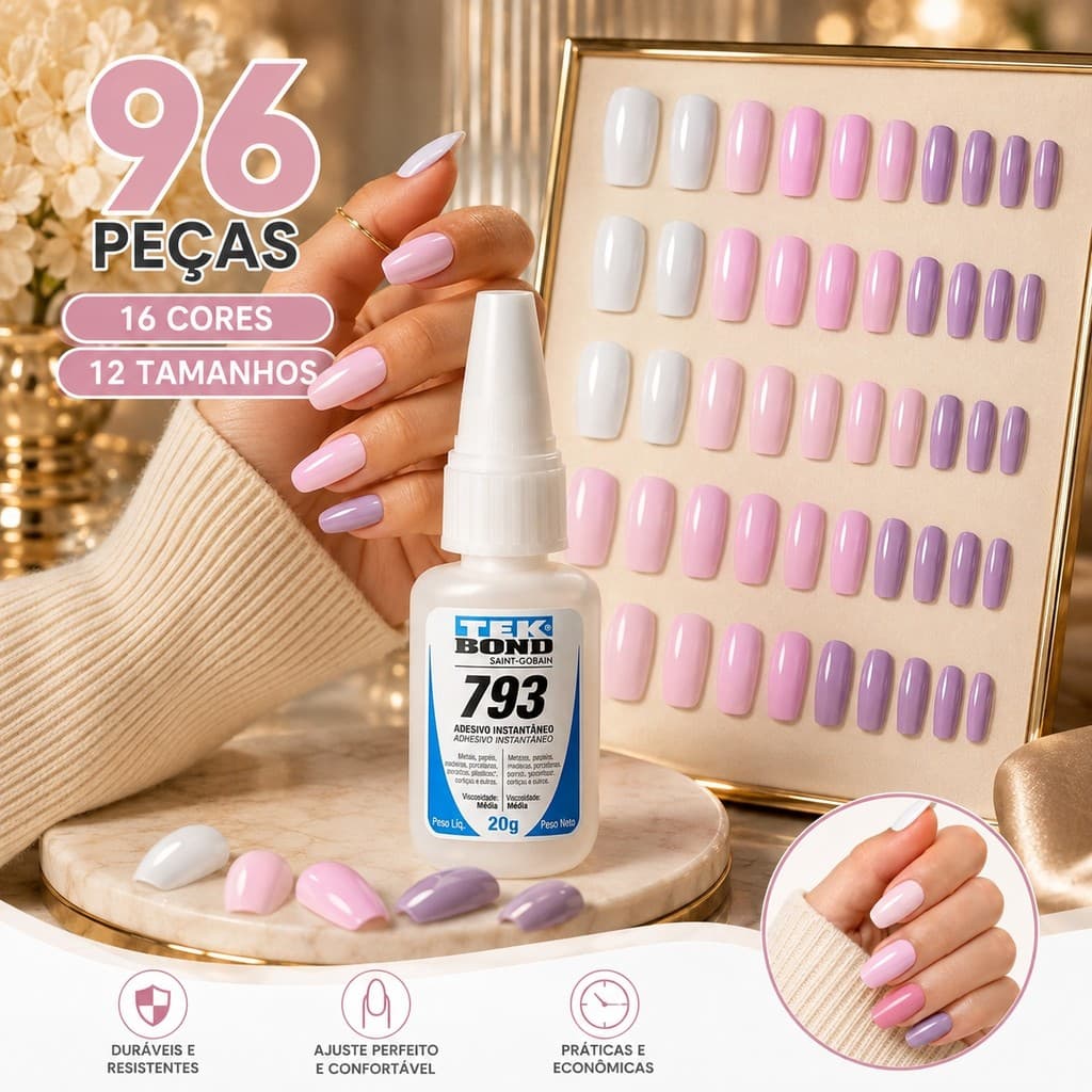 YUAN 96 Peças De Unhas Postiças , Quadrado Longo E Bailarina , Cor Pura , Nials Falsos , Prensa Francesa Destacável Em