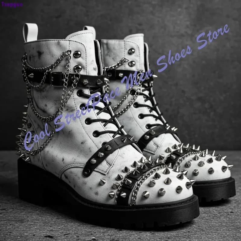 Botas de Cano Curto Punk Góticas Masculinas com Detalhes de Correntes e Rebites de Metal, Cadarço, Sola Plataforma Gross
