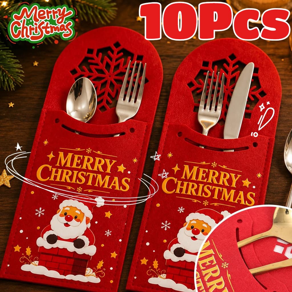 Manga De Talheres Com Padrão De Papai Noel De Floco De Neve Reutilizável-Jantar De Natal Decoração De Mesa De Férias Em