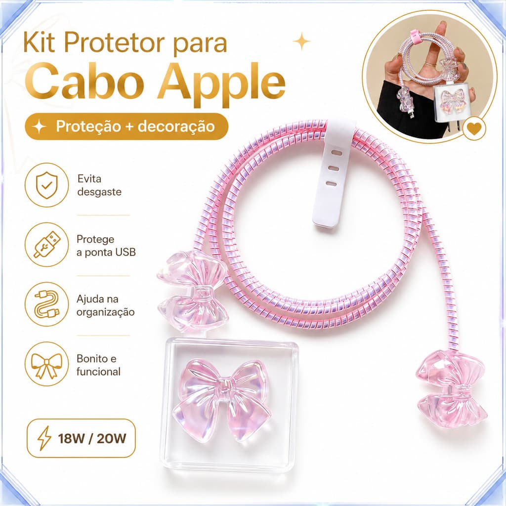 Kit Protetor Espiral Cabo USB + Protetor Tomada + Abraçadeira Organizadora Anti‑Mordida Pet