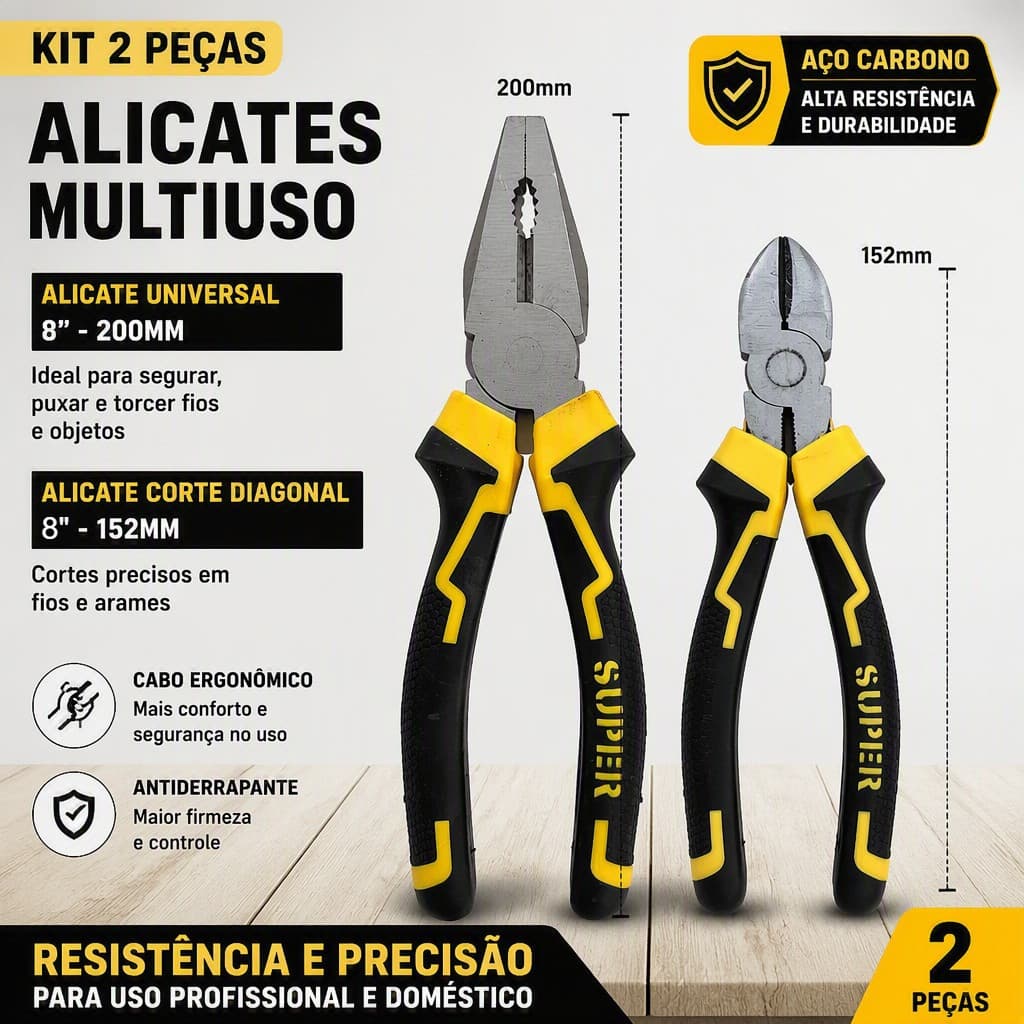 Kit 2 Alicates,Alicates Universal,Alicates Corte Diagonal,Ferramenta Manual Uso Doméstico e Profissional Aço Carbono