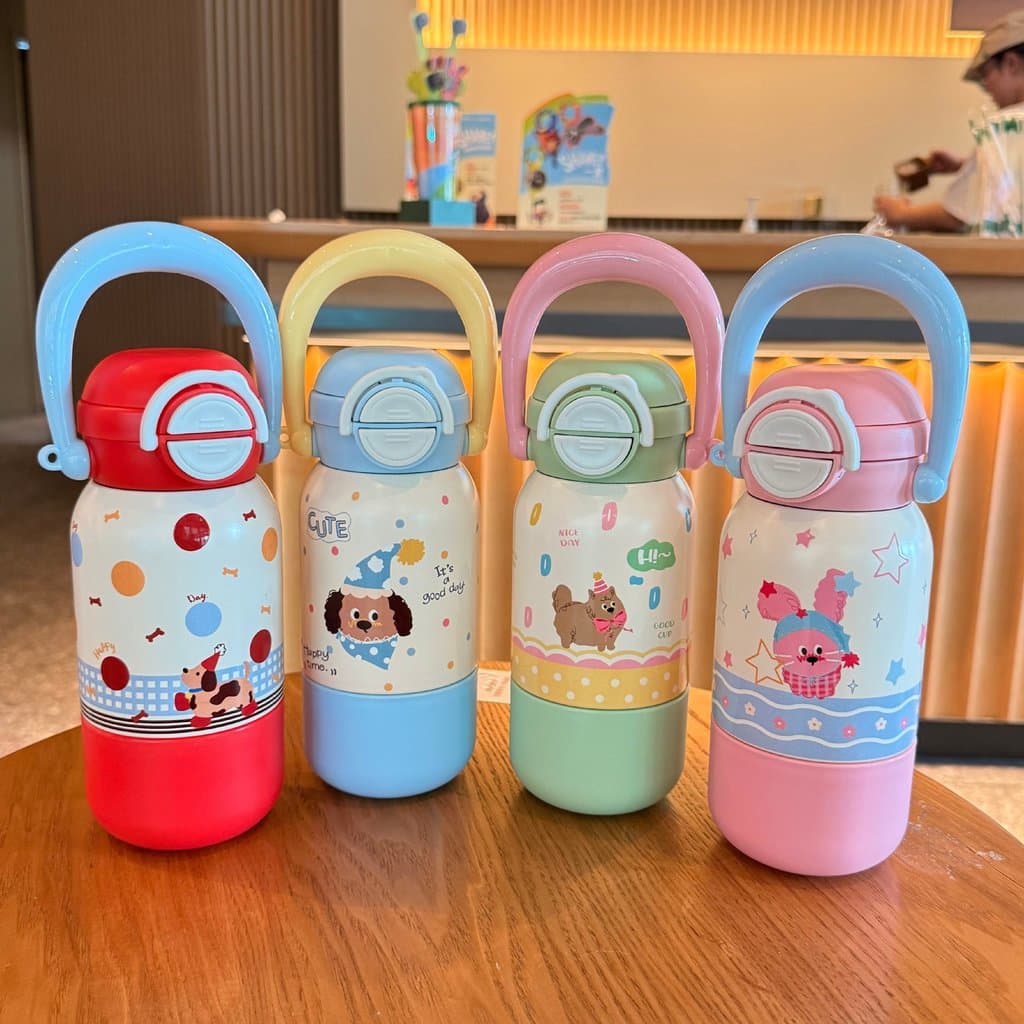 Copo térmico infantil fofo, alça para meninas, copo de água de palha de alto valor, aço inoxidável 316, copo de estudant