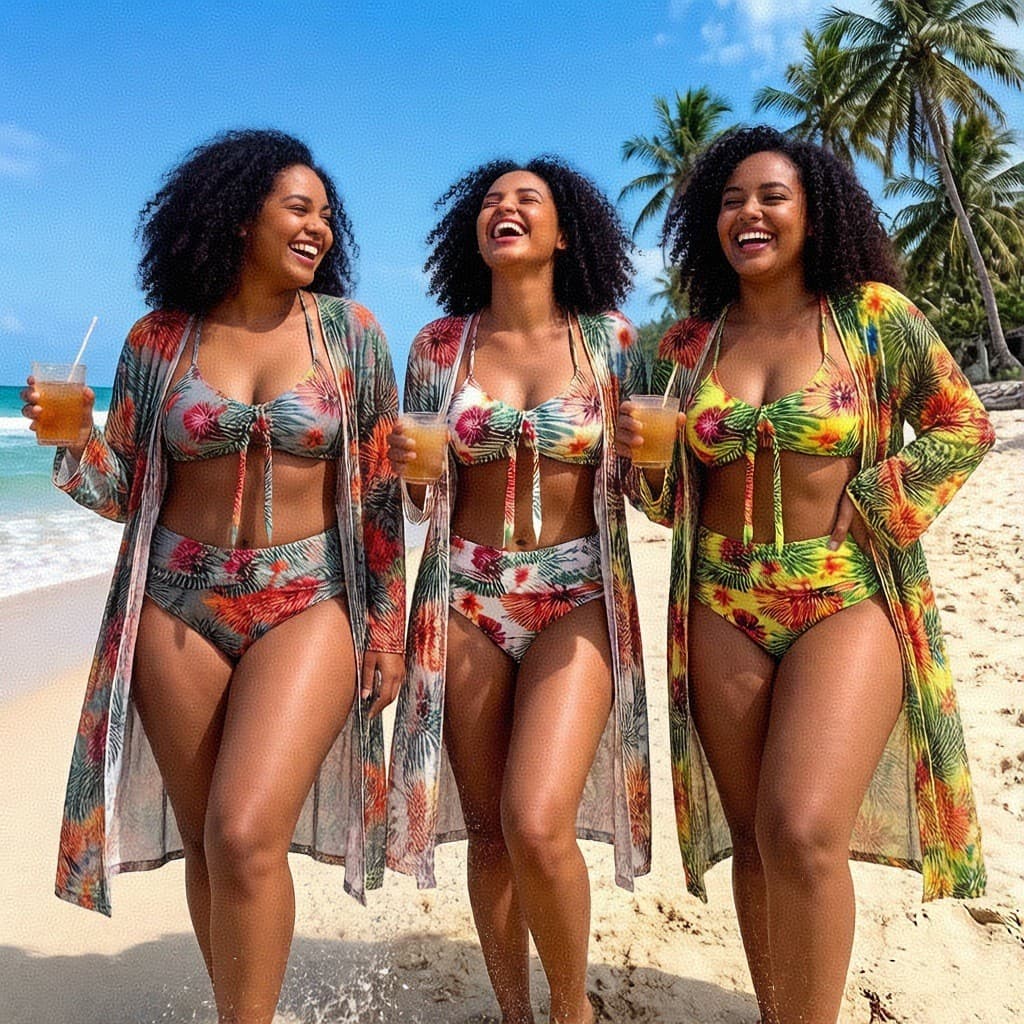 Maiô dividido estampado de manga comprida, três peças, protetor solar feminino, praia, férias, estilo biquíni