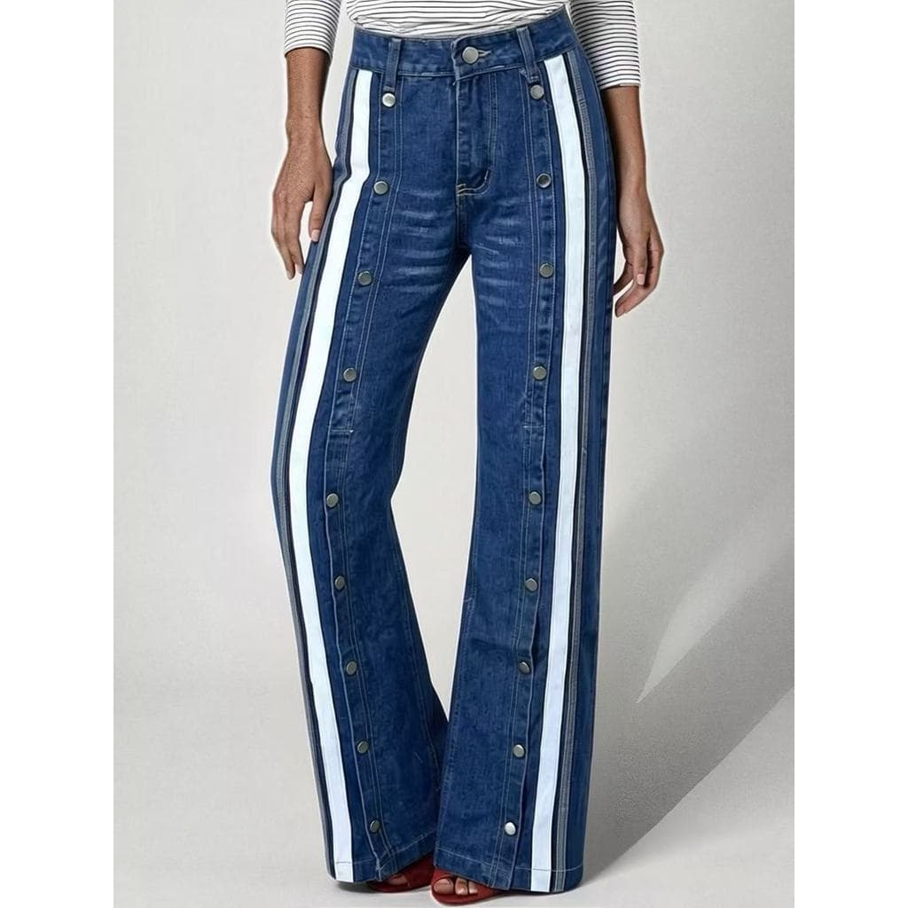 [Estilo mais vendido] Fonte Moda Estilo Retro Linha Dividida Cor Combinando Perna Larga Esfregar Chão Calças Jeans Femin