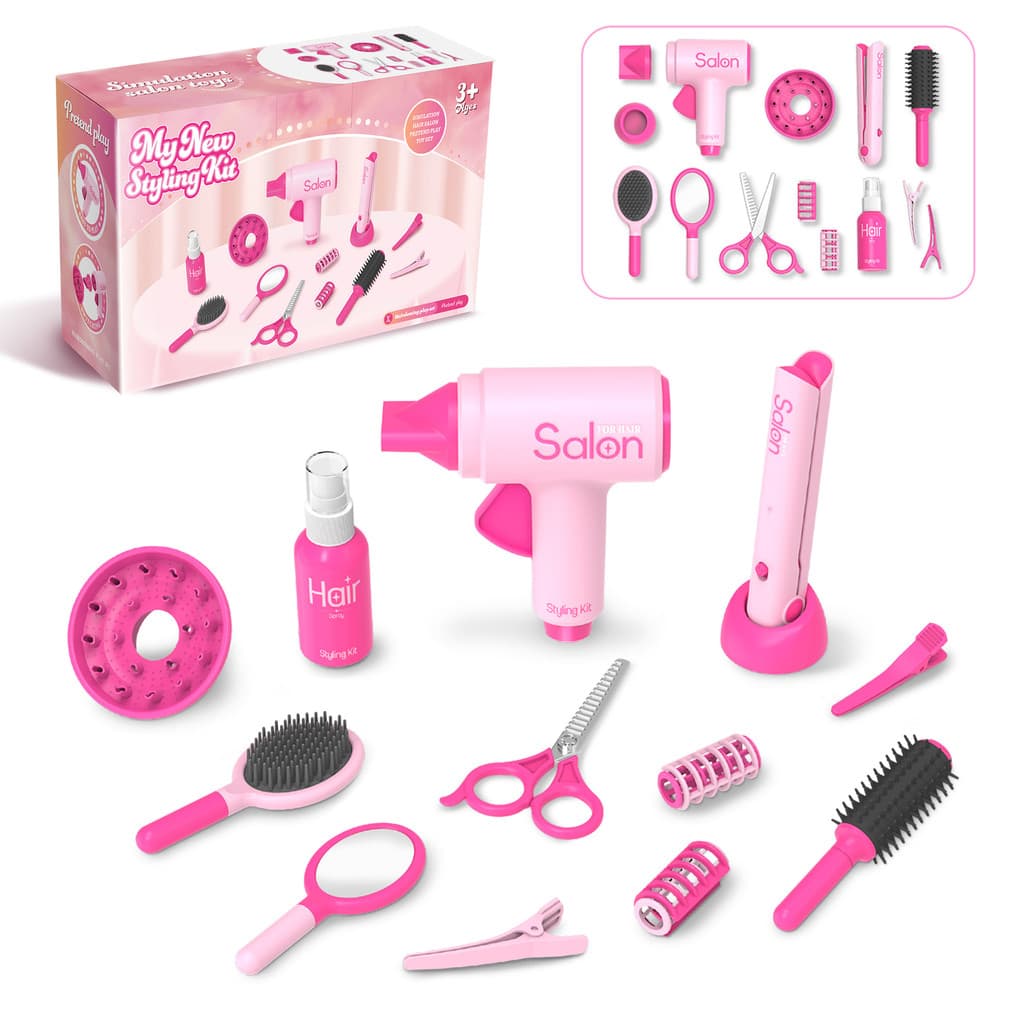 Conjunto De Salão De Cabeleireiro Infantil De 13 Peças , Kit De Estilo De Beleza De Simulação Com Secador De Cabelo De B