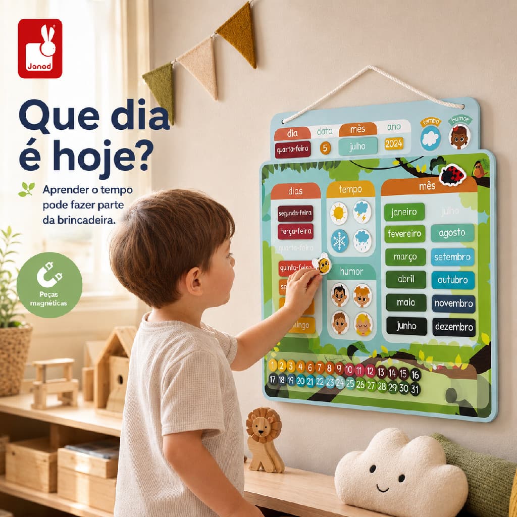 Calendário Magnético Educativo Janod Brinquedo Infantil Aprendendo Data Clima e Humor