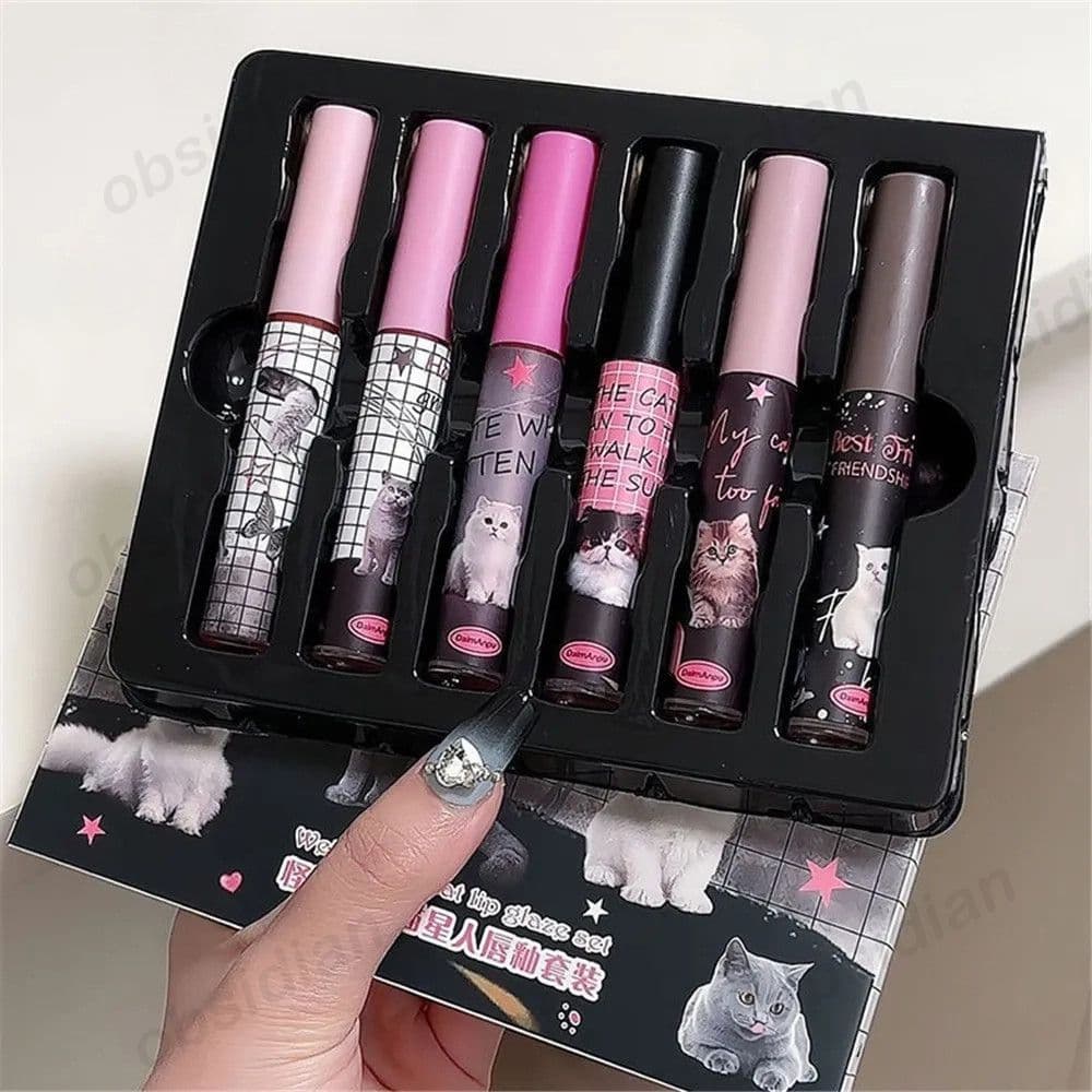DAIMANPU Conjunto de Batom Líquido de Longa Duração com Design de Gato Descolado, Maquiagem Labial Viral e