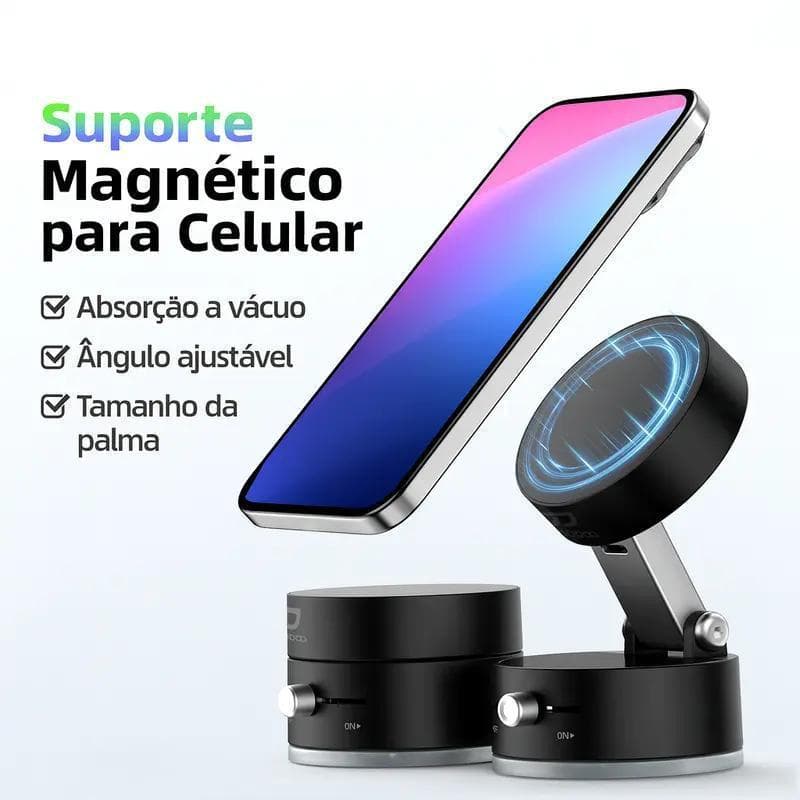 🧲 Suporte Celular Carro Magnético 360° | Ventosa + Ímã N52 Forte | Base Fixação Painel e Vidro Dobrável