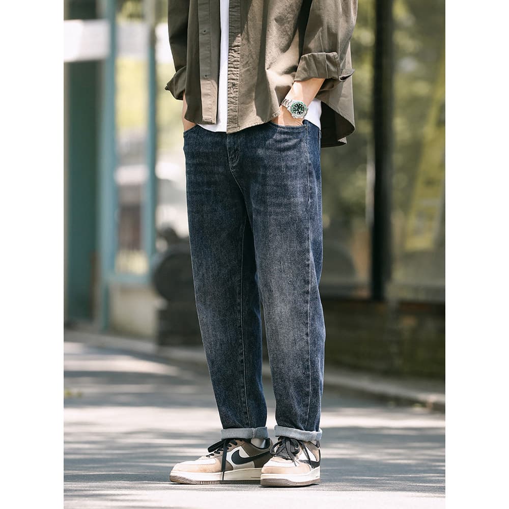 Pesado macio Micro-elástico japonês Retro calças de brim retas dos homens primavera outono Street Wear solto magro Casua