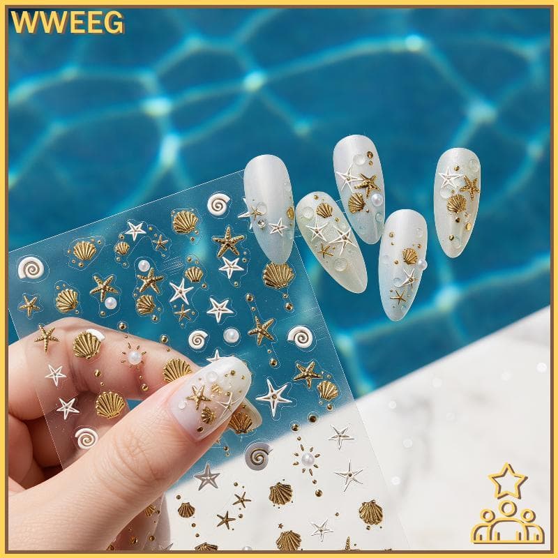 Decalques De Unhas Em Relevo 5D Estampados Ouro Autoadesivos Concha Vieira Estrela Do Mar Padrões De Pérolas Para Salão