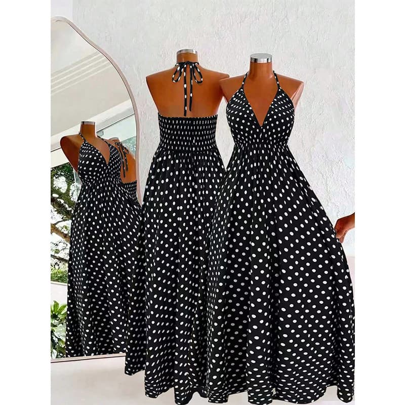 Vestido feminino novo estilo estilo boêmio Halter costas estilingue estampado saia longa