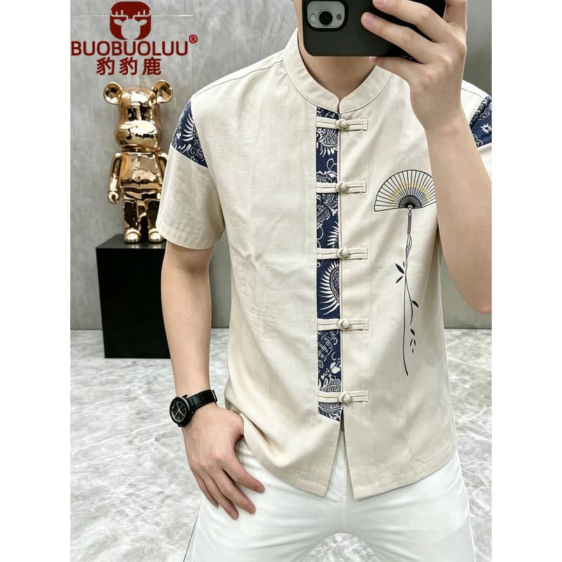 Estilo chinês novo estilo camisa de manga curta Tang terno gola alta Cardigan masculino verão estilo chinês botão Hanfu