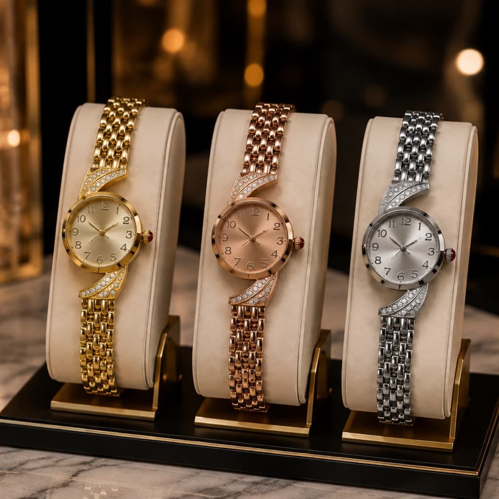 Relógio De Quartzo Feminino Elegante E Pulseira De Aço Cravejada Com Destaque Moda Mulher