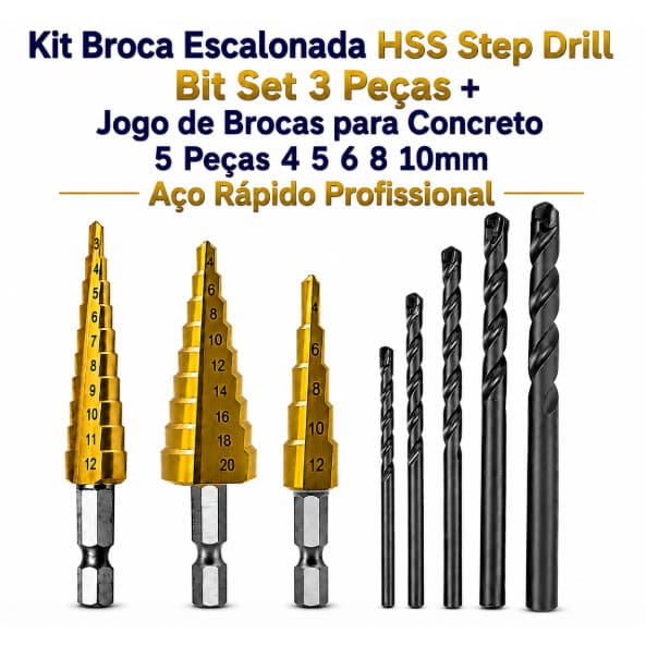 Kit Broca Escalonada Bit Set 3 Peças + Jogo de Brocas para Concreto 5 Peças 4 5 6 8 10mm Aço