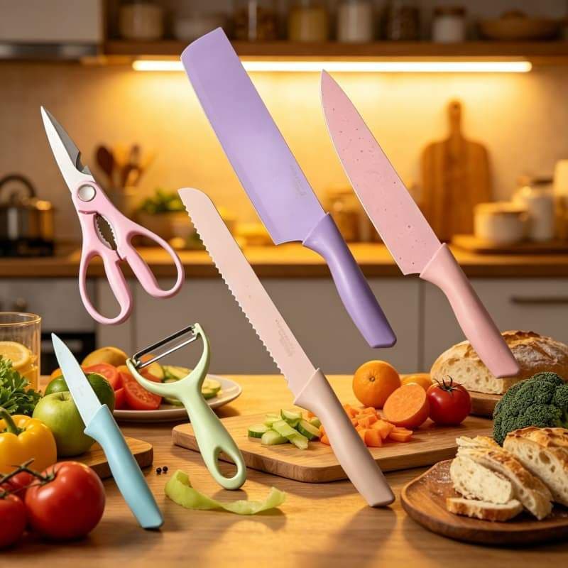 Kit Jogo De Facas Cozinha 6 Peças Aço Inox Chef Cutelo Faca De Pão Frutas Tesoura Descascador Afiadas Pronta Entrega
