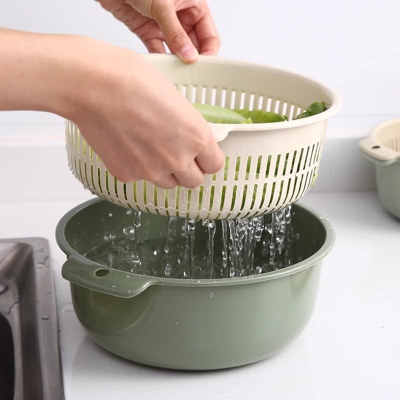 Bacia de lavagem de vegetais de camada dupla Cesta de drenagem de plástico Bacia de drenagem Dispositivo de lavagem de a