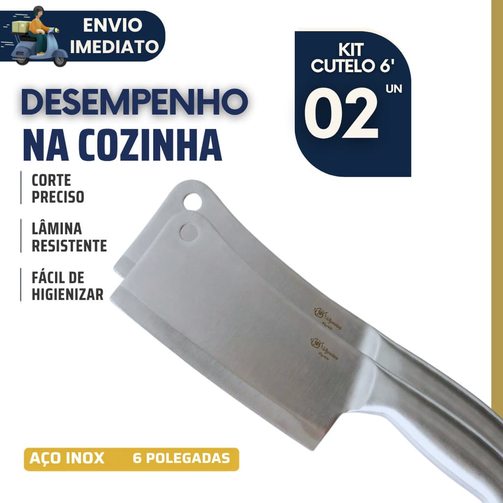 Kit 2 Faca Cutelo Aço Inox 6 Polegadas Profissional Açougueiro Corta Osso Carnes Churrasco Cozinha