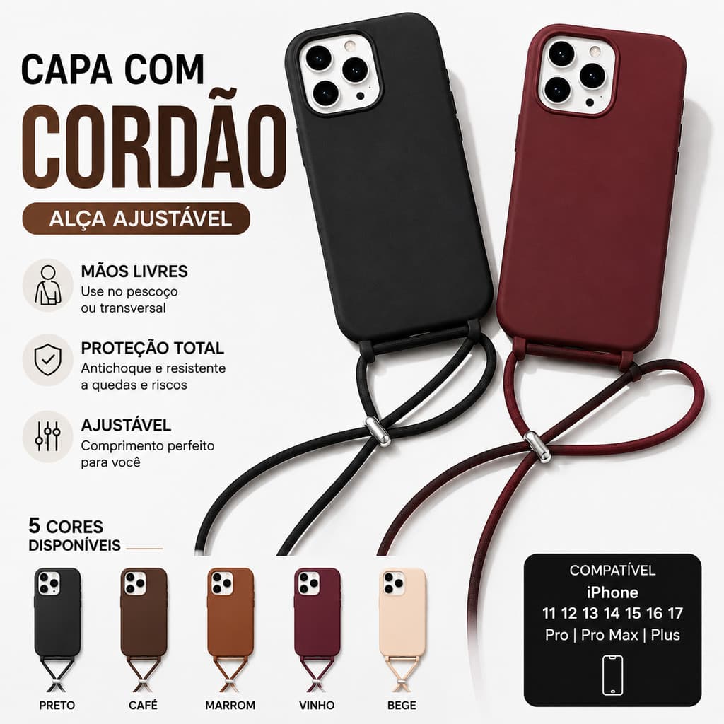 Capa iPhone 11 12 13 14 15 16 17 Pro Max com Alça Cordão Ajustável Antichoque TPU
