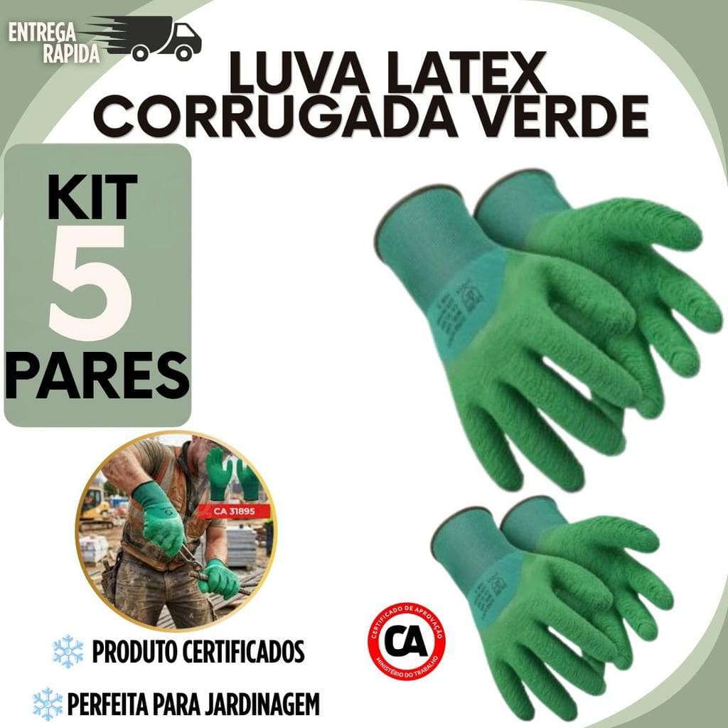 Kit 05 Pares Luva Proteçao Limpeza Revestida Látex Corrugado Verde SS 1009  Banhada Coleta Jardinagem Reciclagem Epi