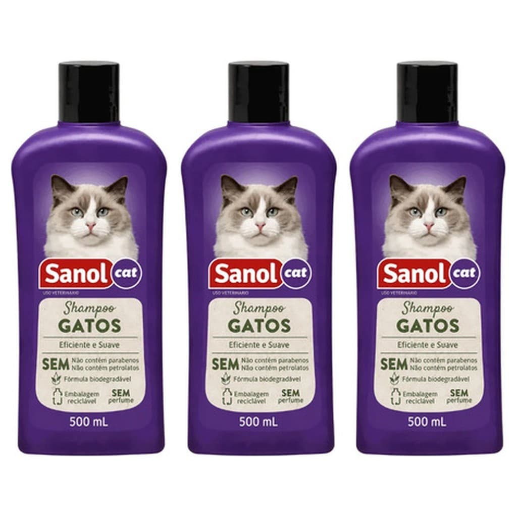 Kit 3 Shampoo Gatos Sanol Cat 500ml Sem Perfume Glicerina Neutra Hipoalergênico Biodegradável