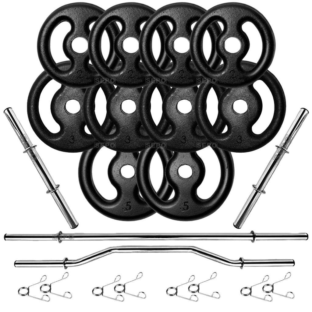 Kit 30Kg em Anilhas de Ferro com Barras de 40cm e 1,60m + Barra W 1,20m