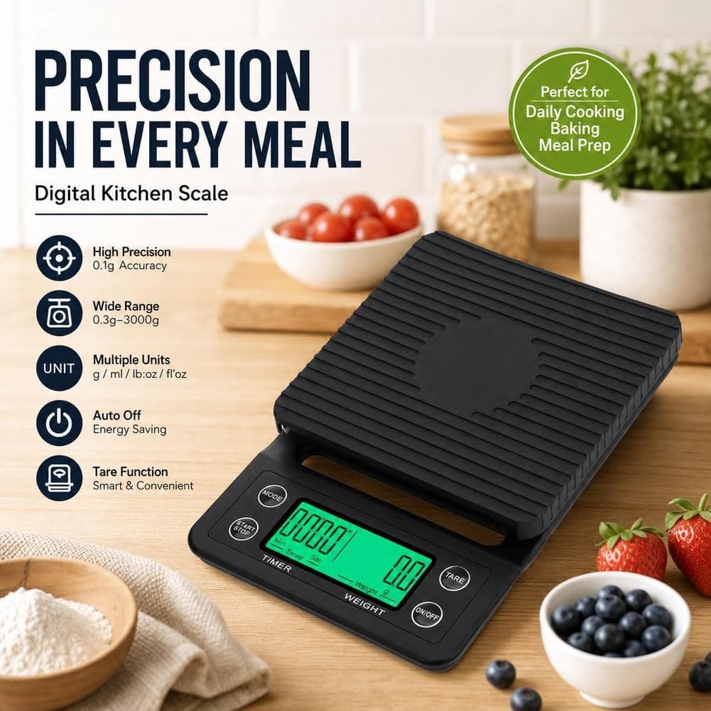 Balança Digital para Café, Balança de Cozinha de Alta Precisão com Timer, Pesagem de Alta Precisão de 0,1g, Balança Digi