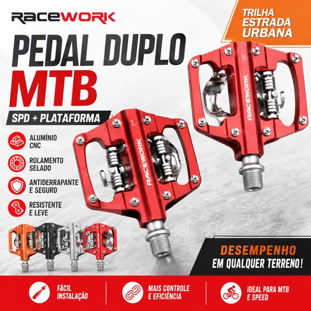 RACEWORK Pedal Duplo MTB SPD Plataforma Alumínio CNC Antiderrapante Rolamento Selado Bicicleta Trilha Estrada Resistente