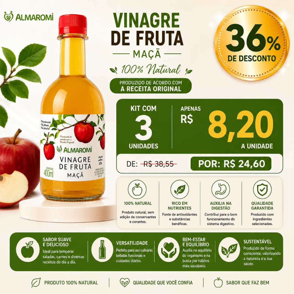 Vinagre Fruta De Maçã Almaromi 400ml Natural Zero Glúten Ideal Para Saladas E Receitas Puro