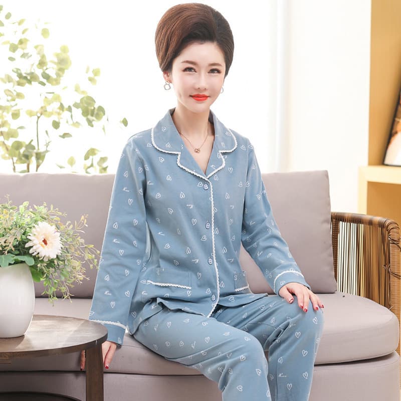 Pijamas para idosos de meia-idade feminino primavera outono manga comprida Cardigan mãe de meia-idade Homewear Casual so