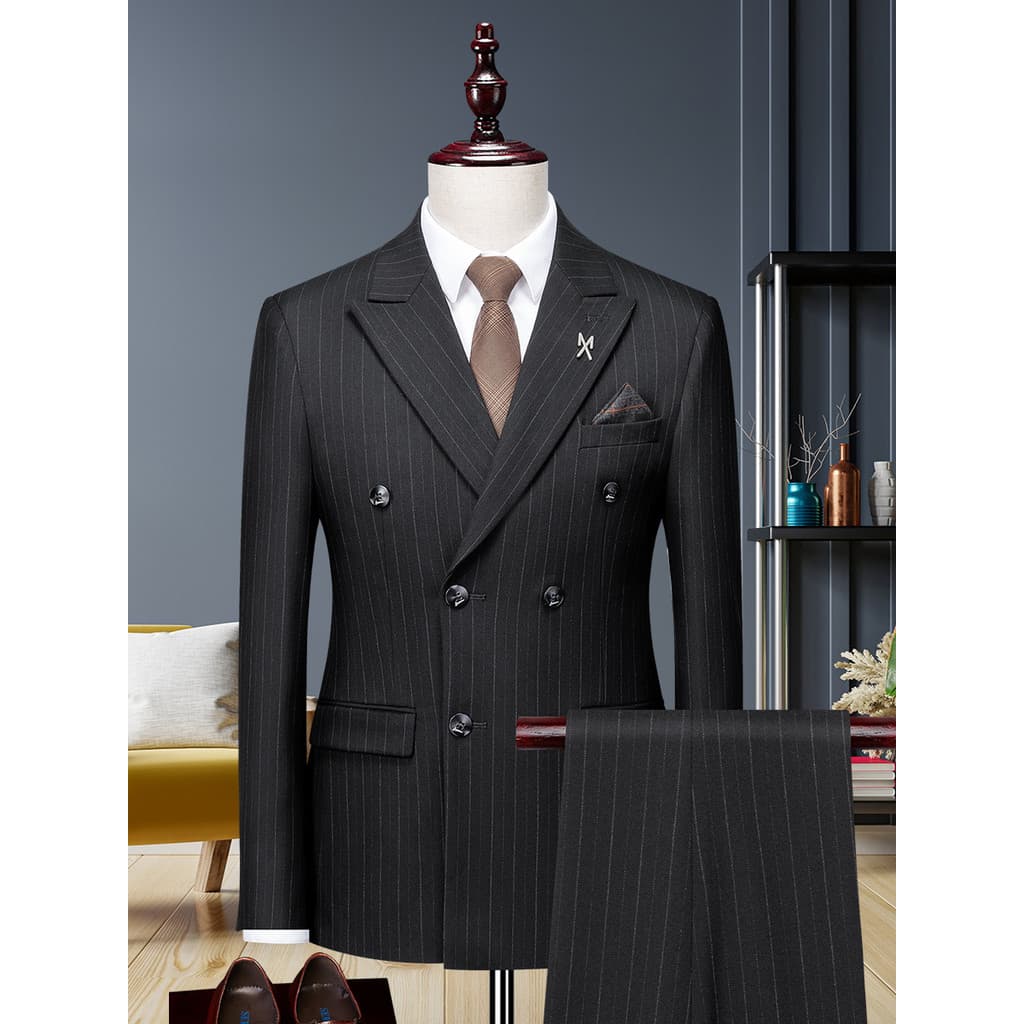 High-End terno masculino terno de negócios Formal wear Casual profissional wear preto listrado duplo Breasted terno masc