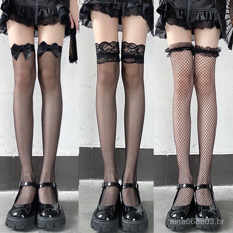 Meias transparentes acima do joelho, meias arrastão pretas com acabamento em renda, meias pretas longas até a coxa para
