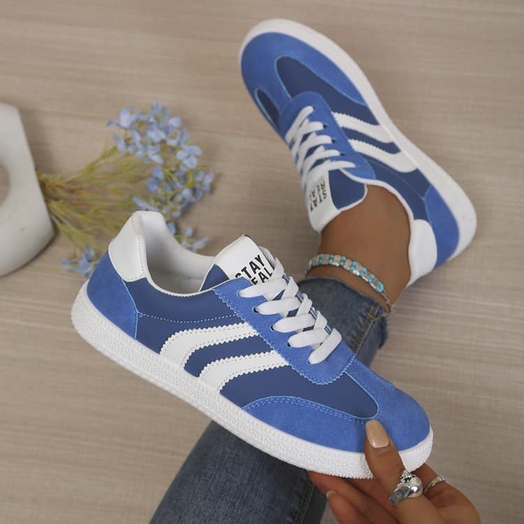 Tênis retrô feminino, tênis de treinamento com cadarço em cor contrastante, sapatos casuais retrô de sola plana, tênis d