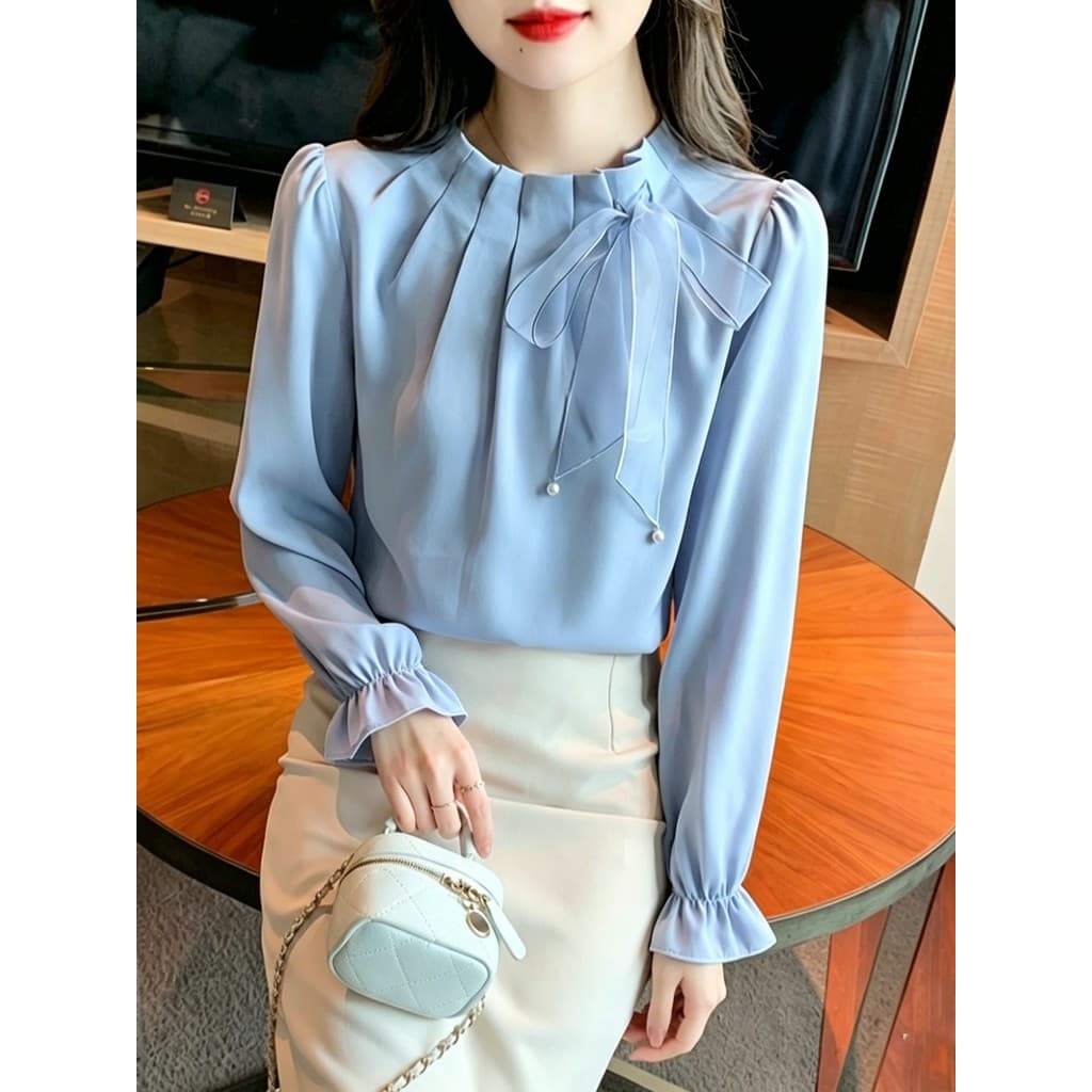 Arco Chiffon camisa senhoras de manga comprida High-End estilo ocidental pequena camisa 2026 novo estilo outono francês
