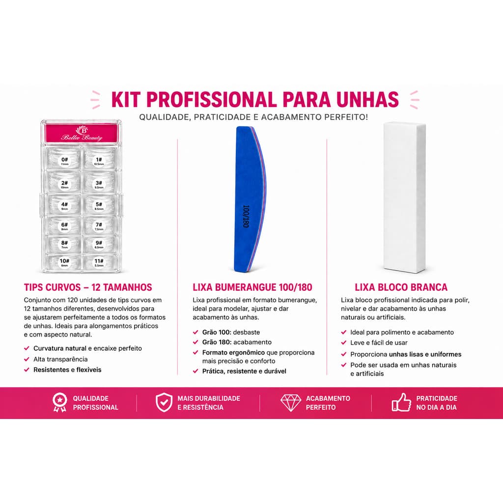 Kit Profissional Unhas 1 Tips + 1 Lixa Bumerangue + 1 Lixa Bloco para unhas Acrigel.