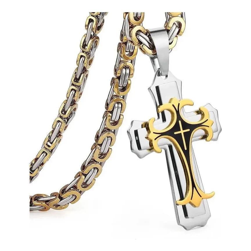 Colar Masculino Corrente Bizantina Cruz Aço Inox 60cm
