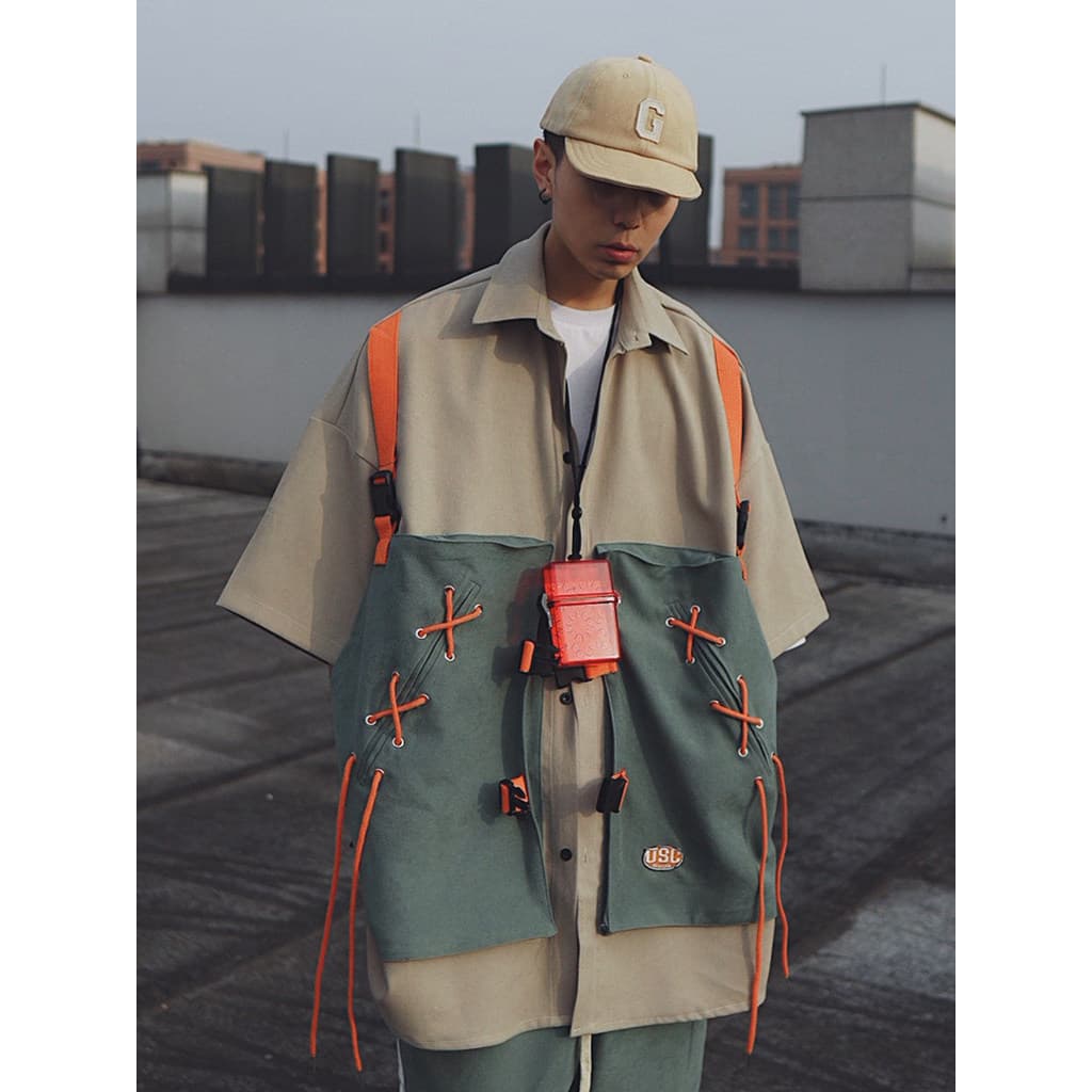 UUCSCC verão americano Casual Street Wear Workwear camisa de manga curta Hip-Hop solto falso colete de duas peças meia m