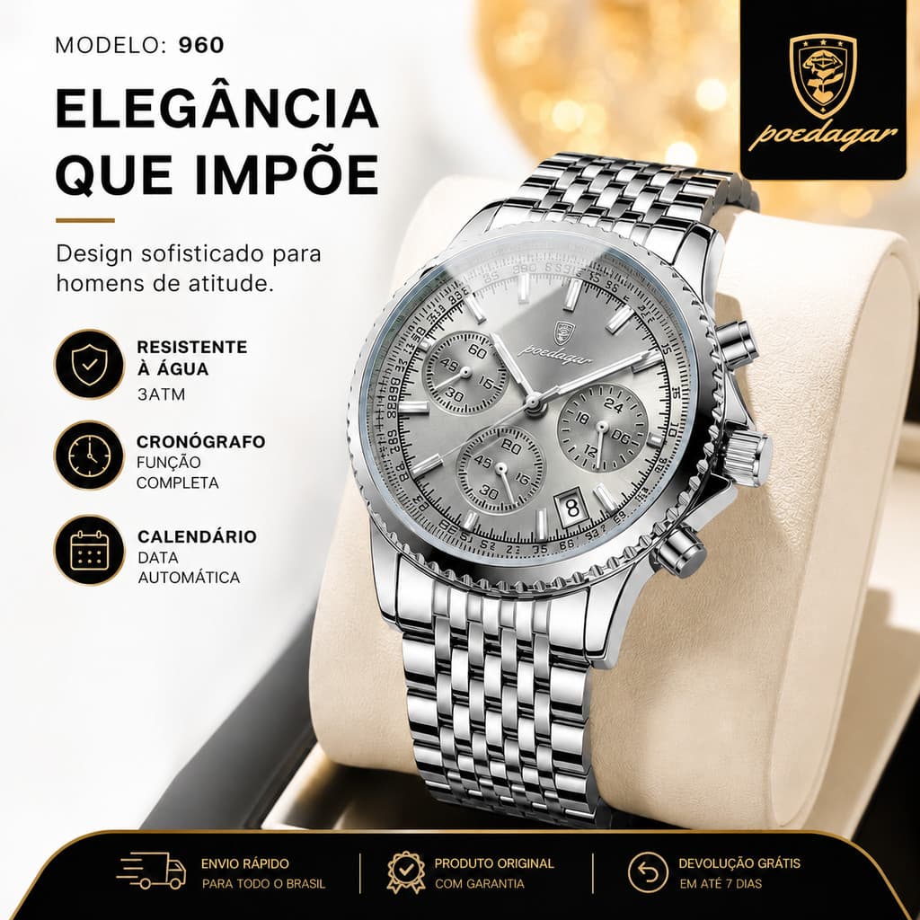 Relógio Masculino POEDAGAR 960 Cronômetro, Caixa de Aço, Mostrador Azul para Ocasiões Casuais e Formais