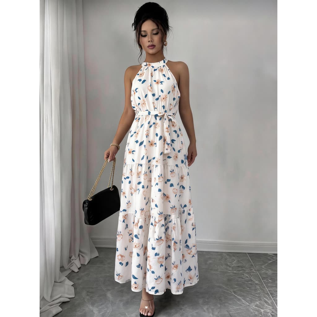 Vestido Longo Fluido Com Estampa Total, Decote Em Halter E Cinto Para Férias P M G