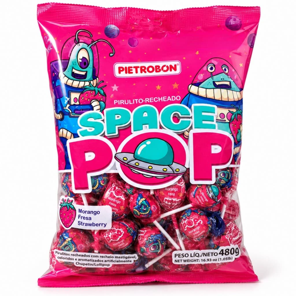 Pirulito Bola Morango Pietrobon Recheado tematico Espaço Festa aniversário pacote atacado 480g doce mastigável infantil