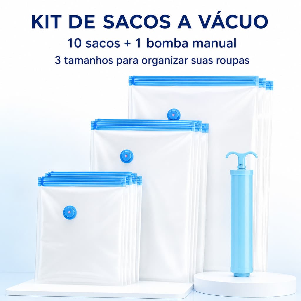 Kit Sacos a Vácuo 10 Unid 3 Tamanhos com Bomba Manual Economize Espaço Roupas