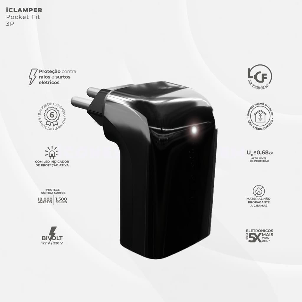 iCLAMPER Pocket Fit LCF 3 pinos 20 amperes Preto Protetor Elétrico DPS Bivolt