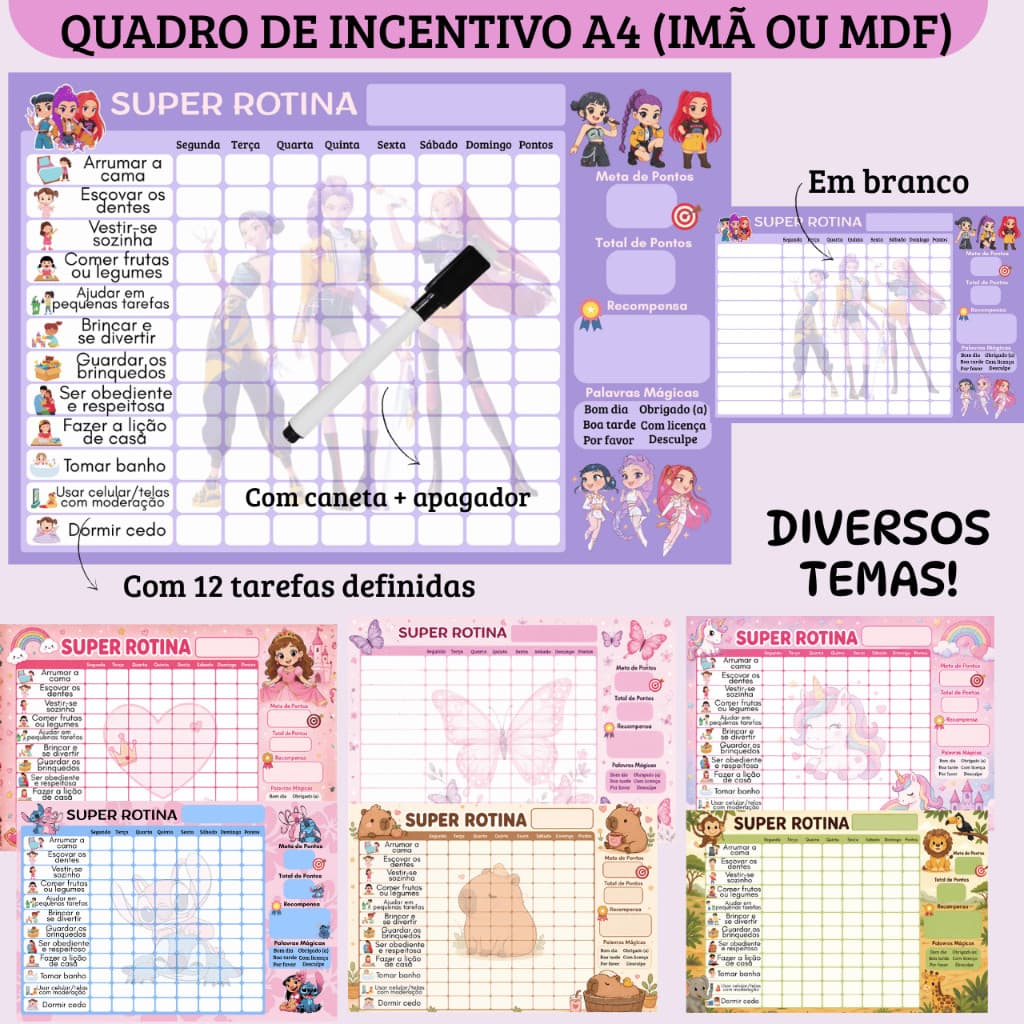 Quadro de Incentivo Guerreirras do KPOP Rotina A4 + Caneta c/ Apagador (Imã p/ Geladeira ou MDF p/ Parede)