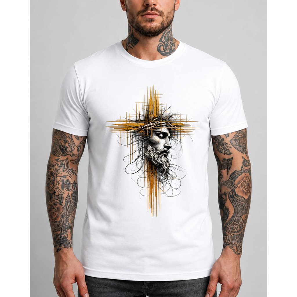 Camiseta Masculina Jesus Cristo com Cruz Dourada 100% Algodão – Estampa Religiosa Premium, Confortável e Moderna