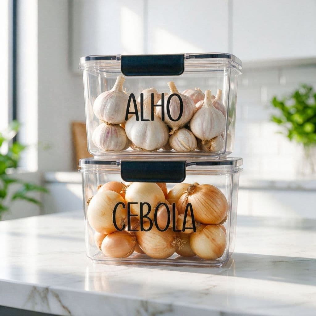 Kit Organizador Multiuso de Geladeira 1,9L - Pote Hermético com Etiqueta, Porta Alho | Avulso ou Kit